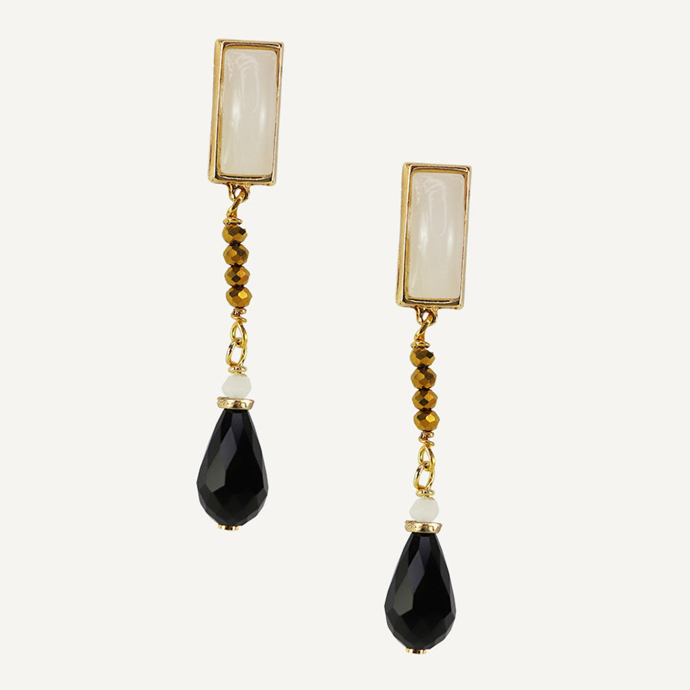 Long white earrings for women with gold pieces and a snap closure