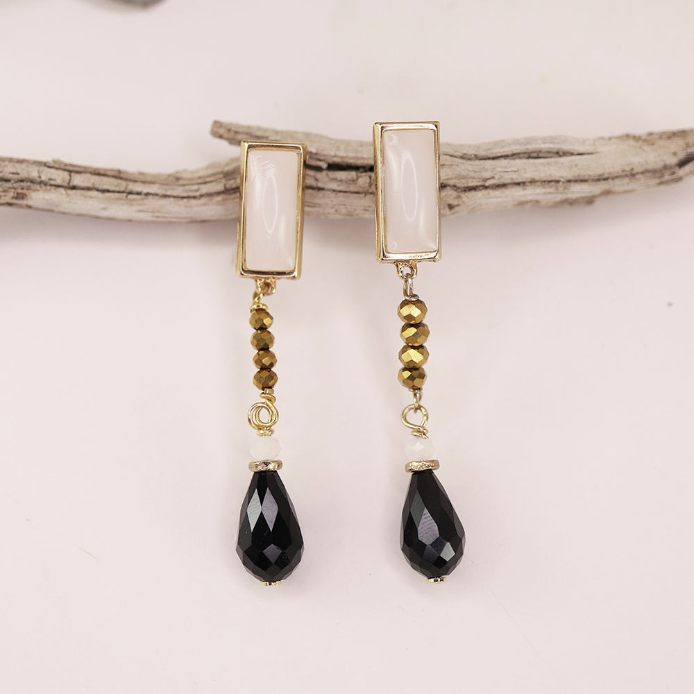 Long white earrings for women with natural stone and gold pieces