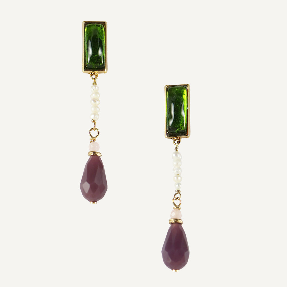 Green earrings for women with pearls and natural stone