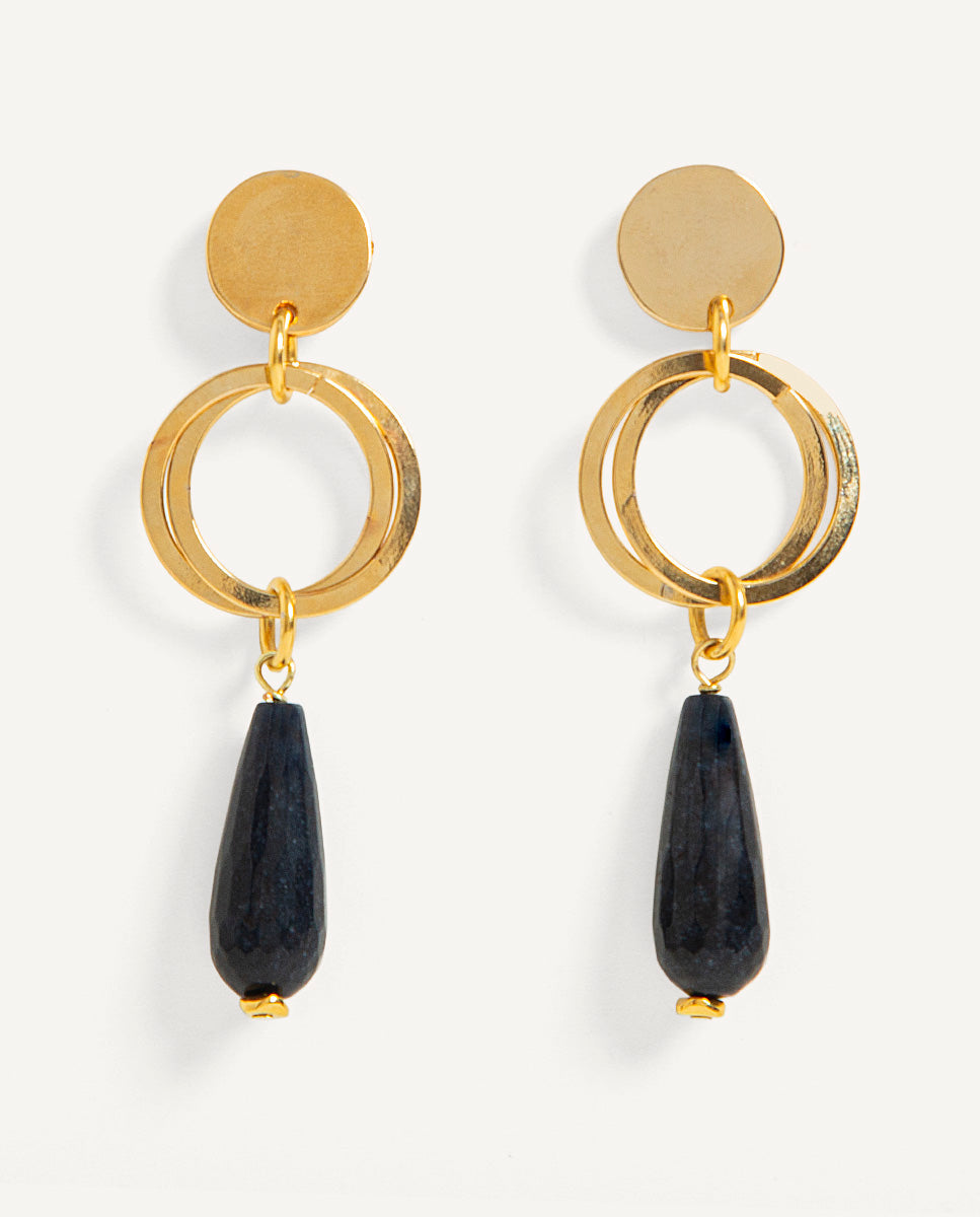 Pendientes largos Gota gris de Emolo con disco y aros dorados y colgante alargado gris oscuro
