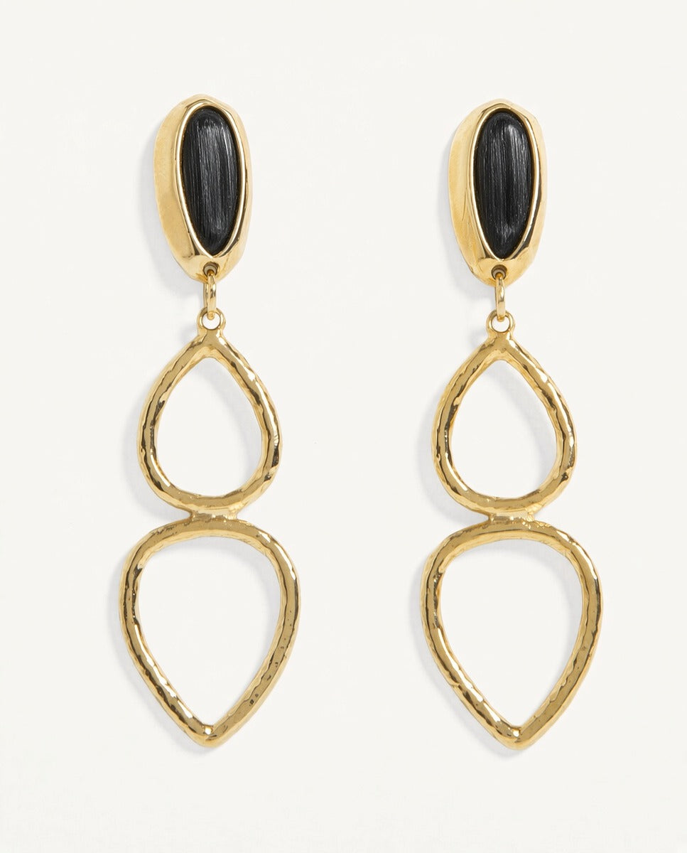 Emolo black Teardrop long earrings with a black oval stone and gold teardrop hoops