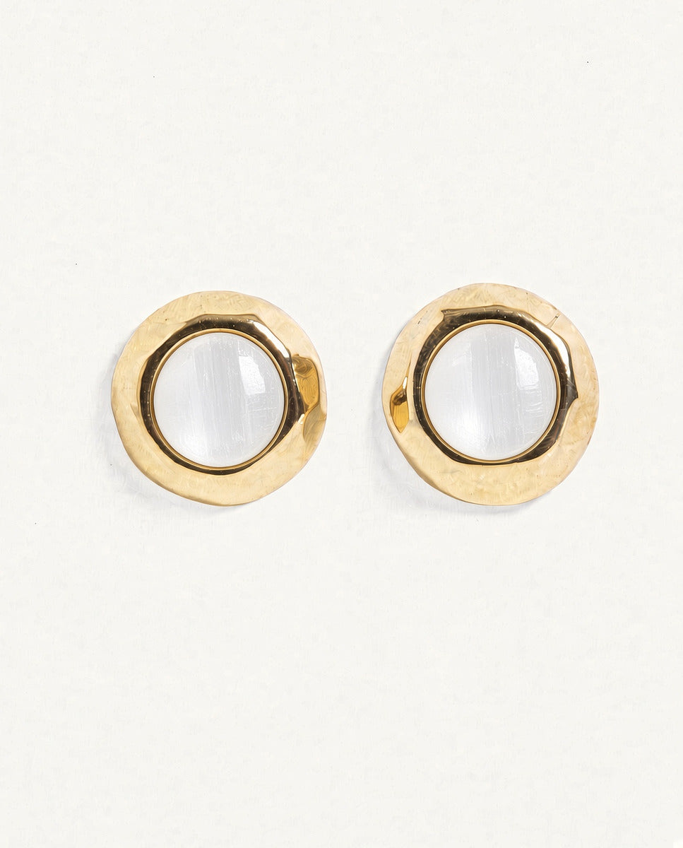 SIANNA gold button earrings with white selenite stone - Emolo