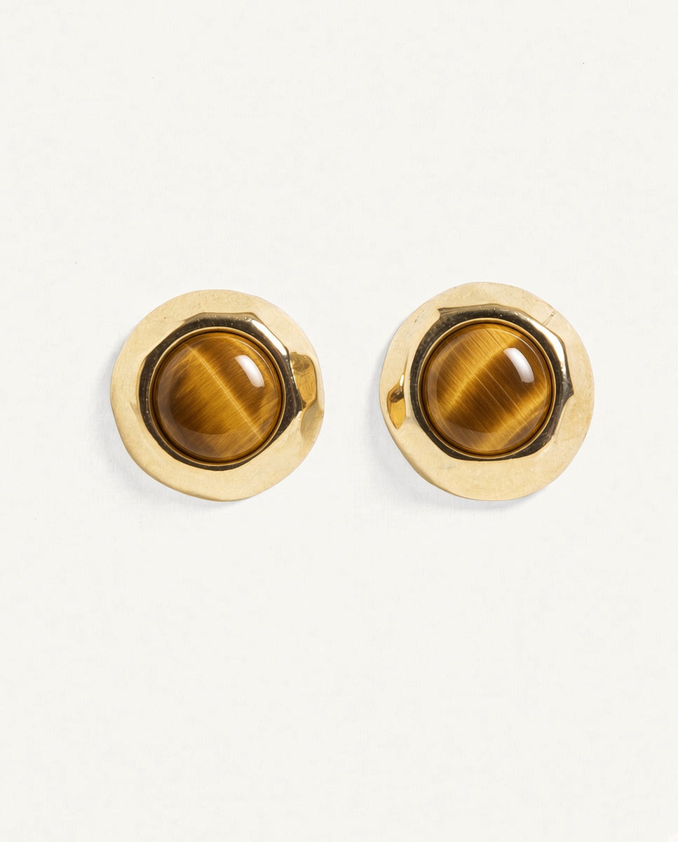 SIANNA gold button earrings with tiger's eye stone - Emolo