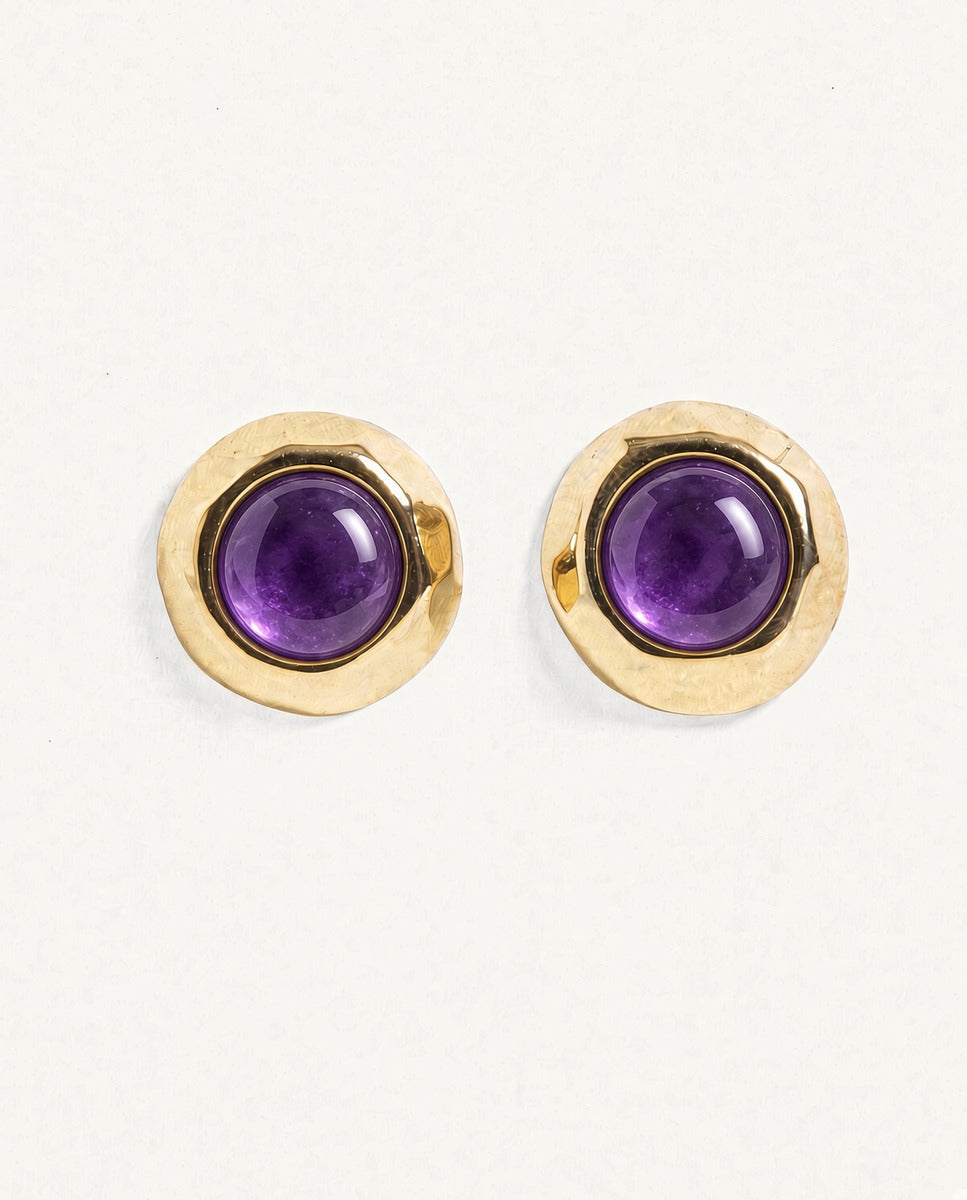 SIANNA gold button earrings with purple amethyst stone - Emolo