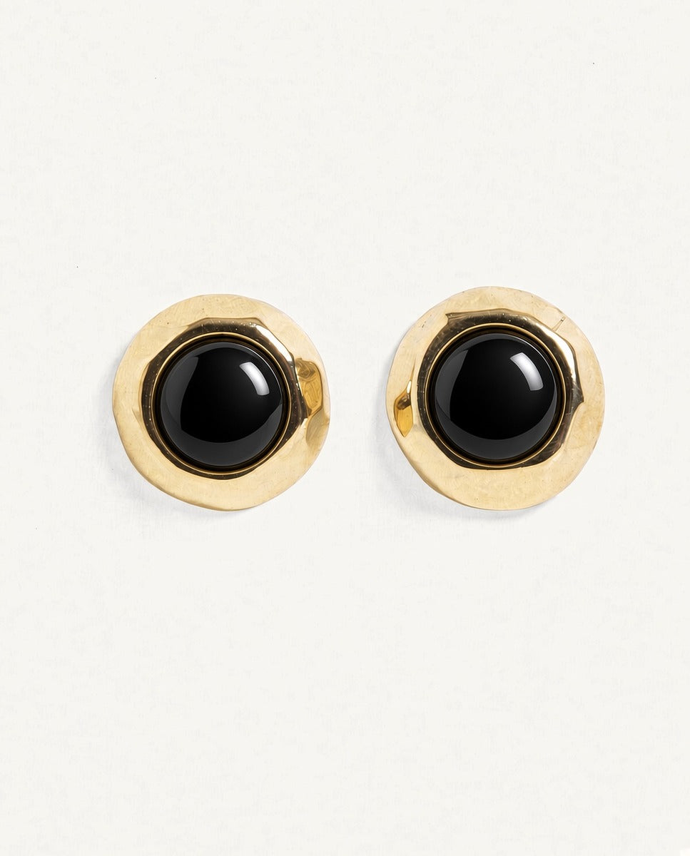 SIANNA gold button earrings with black onyx stone - Emolo