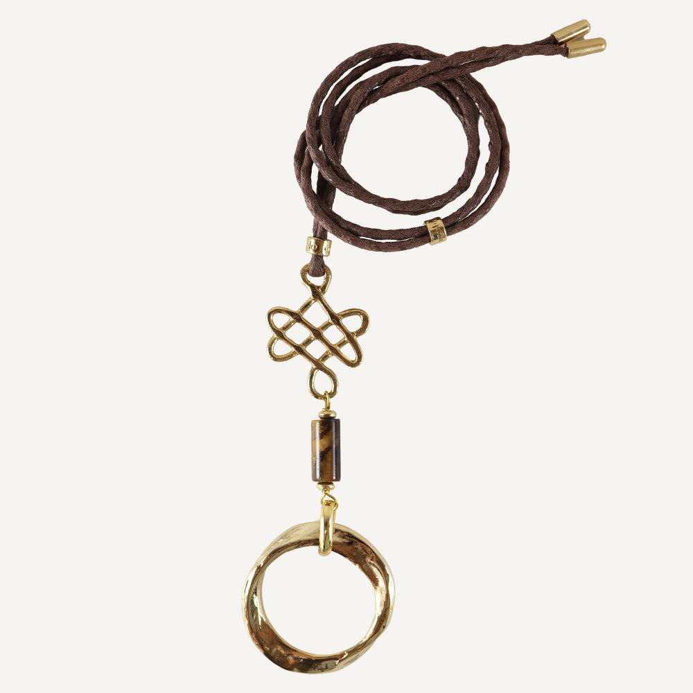 Women's long adjustable waxed cord necklace with gold-plated zamak pieces