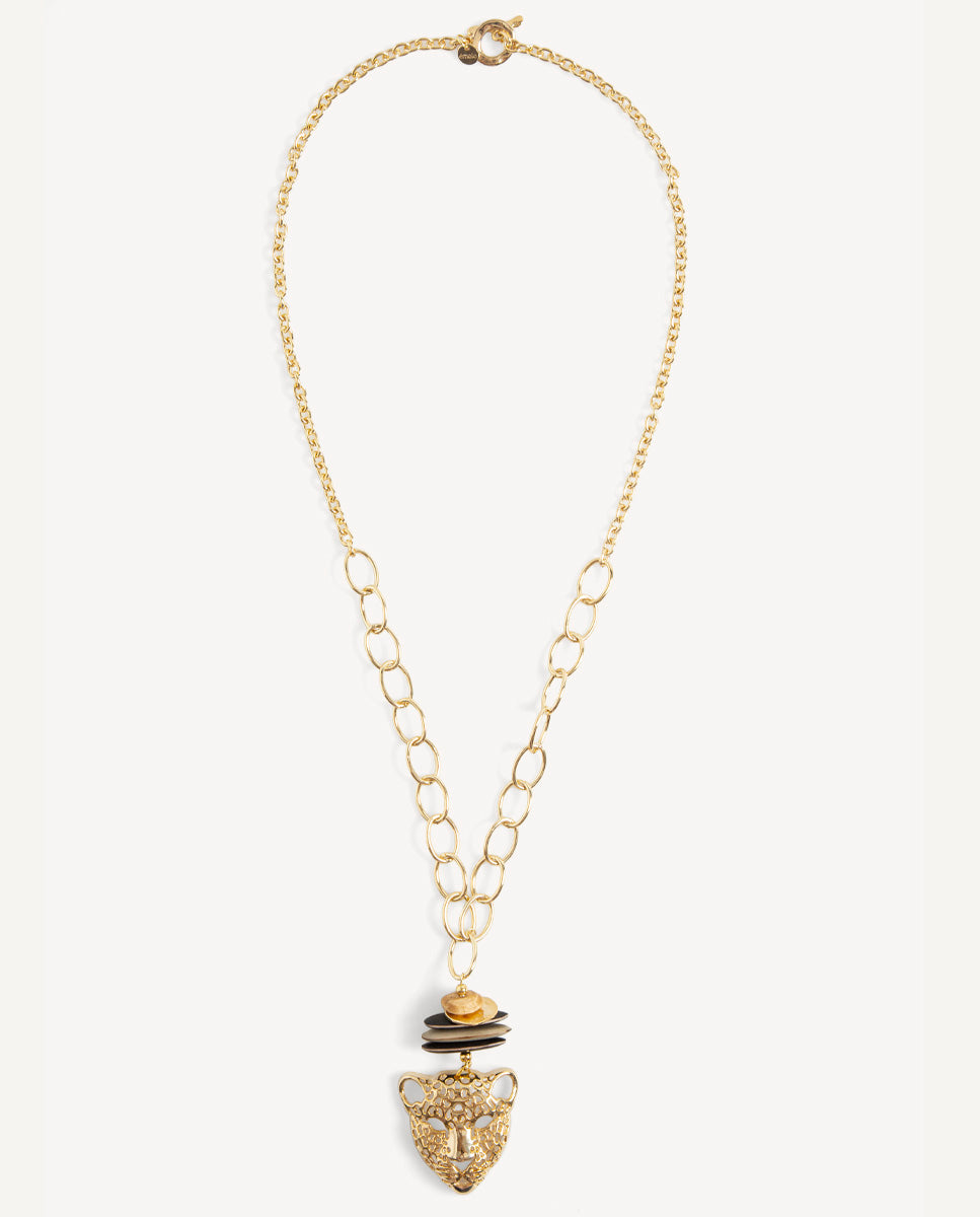 Collar largo Tigre de Emolo con cadena dorada y colgante de cabeza de felino dorada con discos marrones