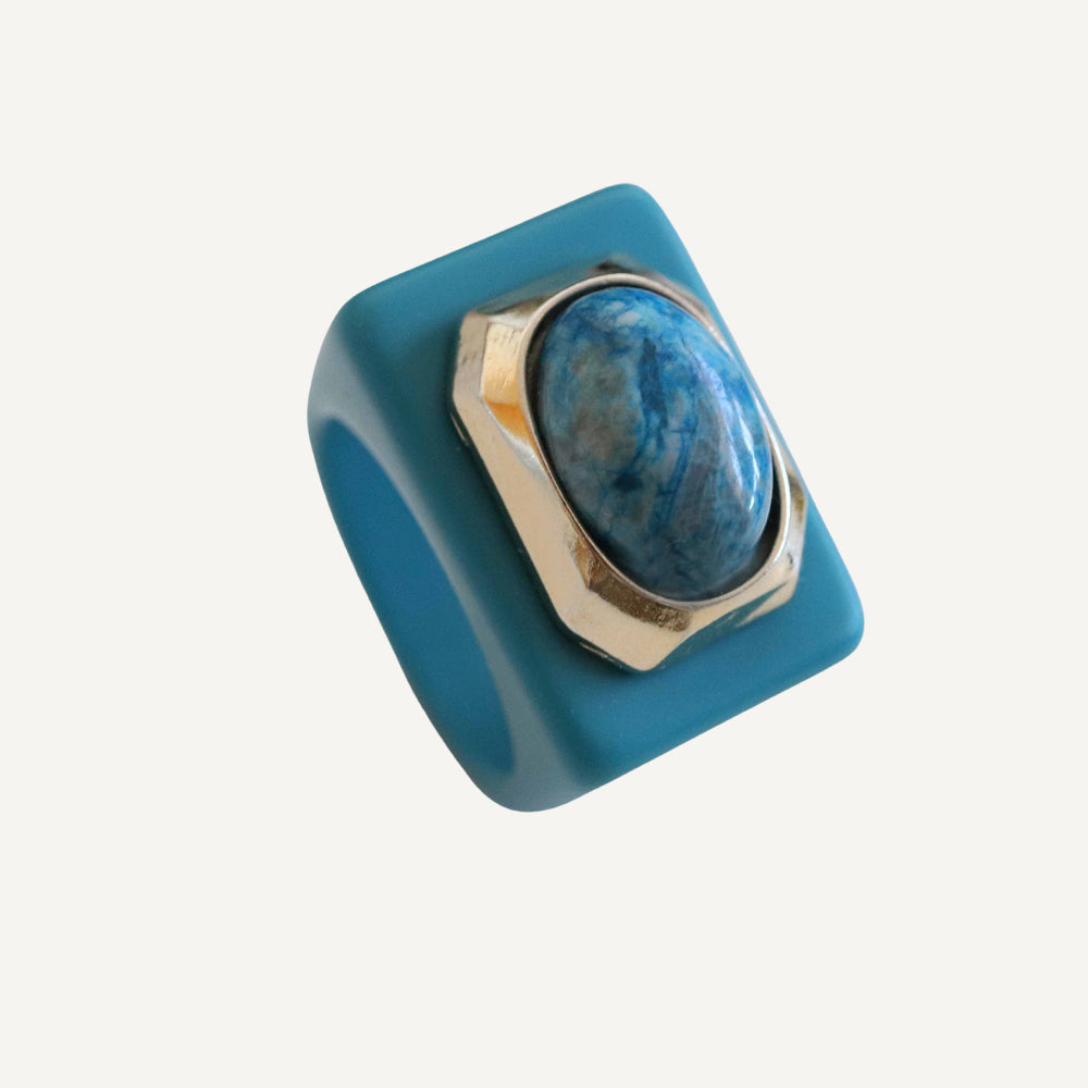 Women's ocean blue ring with natural apatite stone