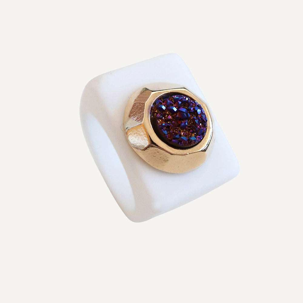 Women's white ring with blue druzy