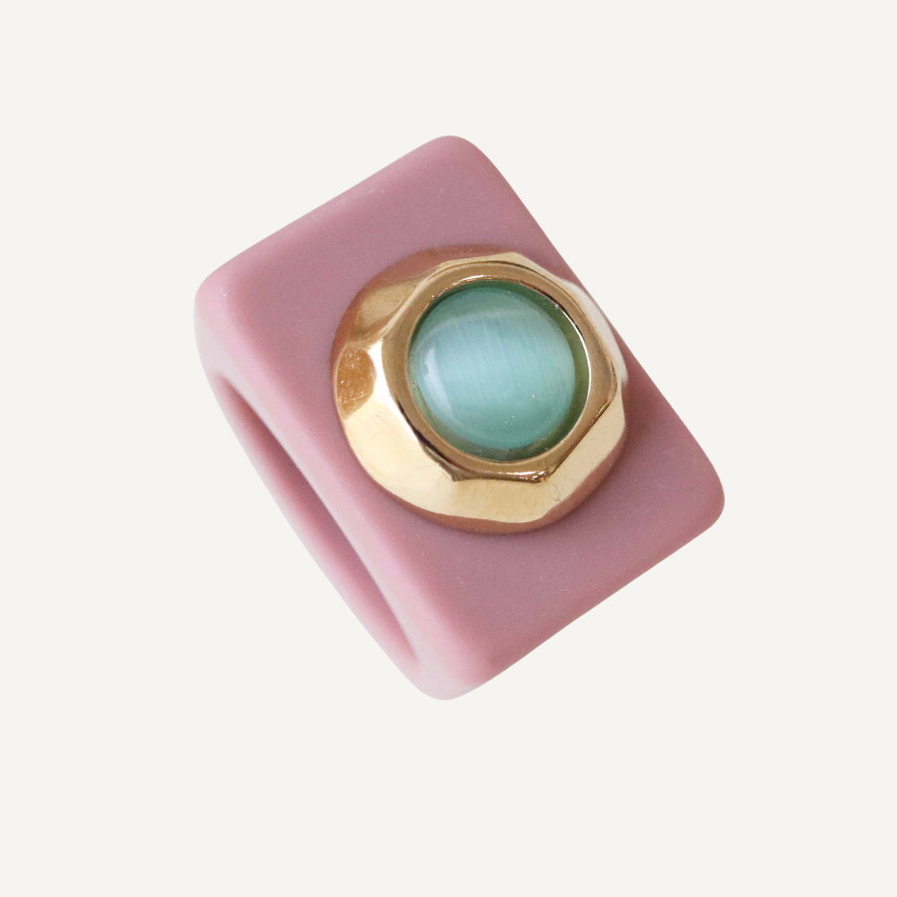 Anillo mujer rosa viejo con selenita aguamarina