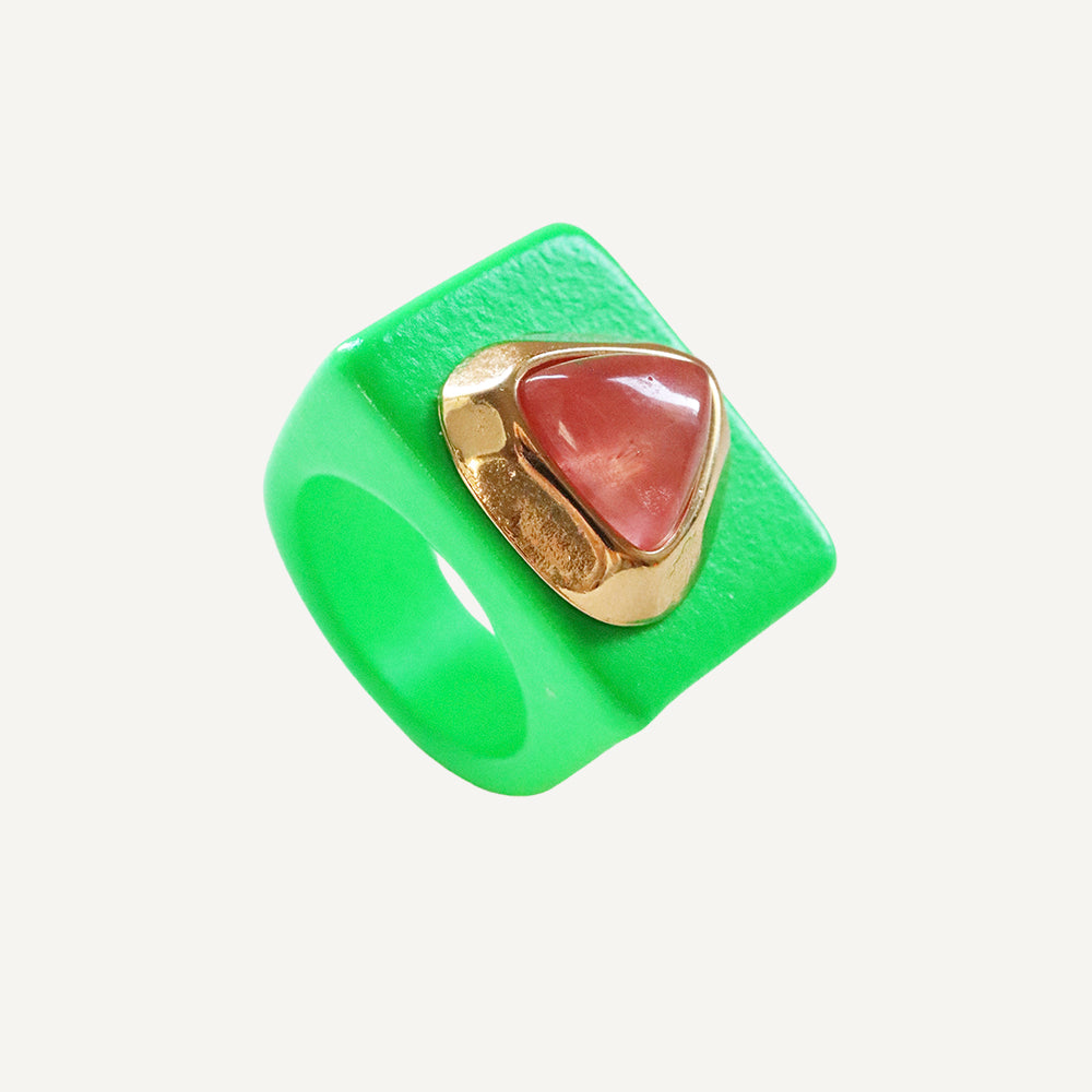 Fluorescent Green Ring with Natural Watermelon Quartz Stone