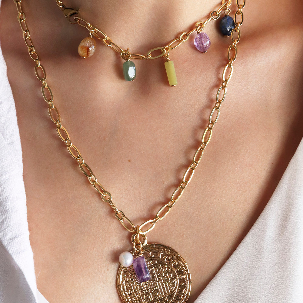 Collar largo para mujer con eslabones con piedras naturales