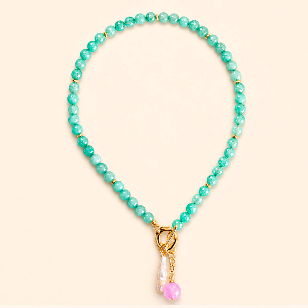 BAVARO short necklace in aqua green, with natural stone and pearl, gold plating, Émolo