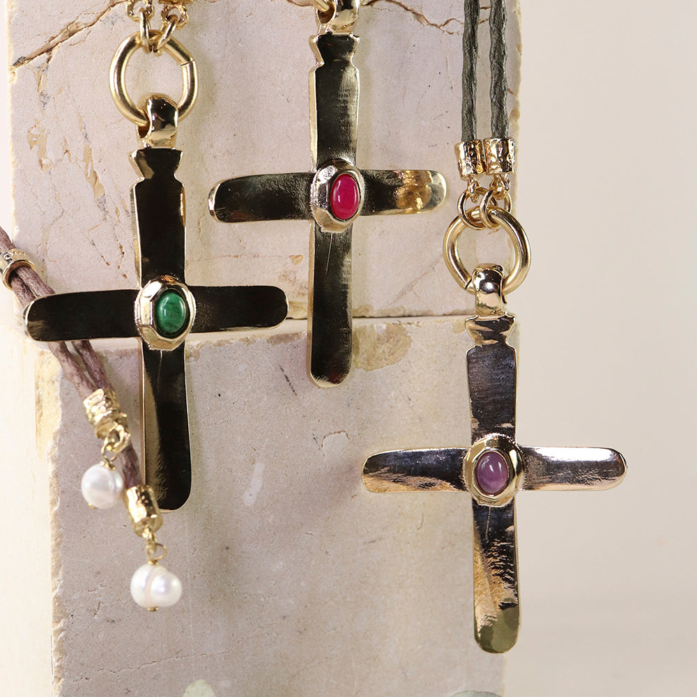 Collar cruz largo ajustable mujer piedra natural CRUZEA Monsul