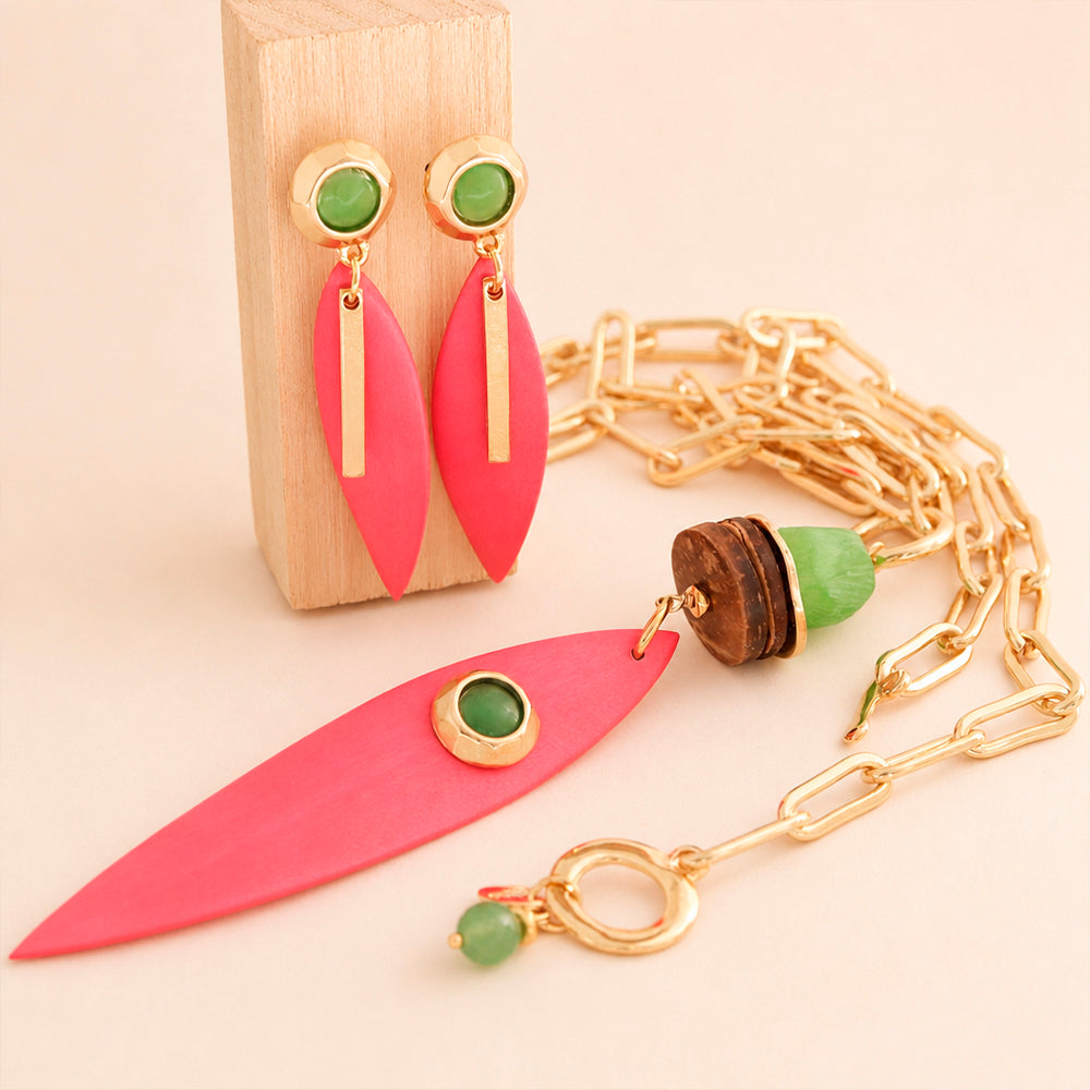 Conjunto Saira Summer en fucsia: collar largo de cadena y pendientes a juego — Émolo