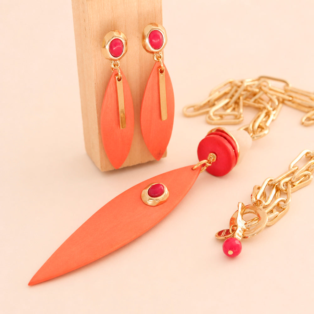 Conjunto Saira Summer en naranja-fucsia: collar largo de cadena y pendientes a juego — Émolo