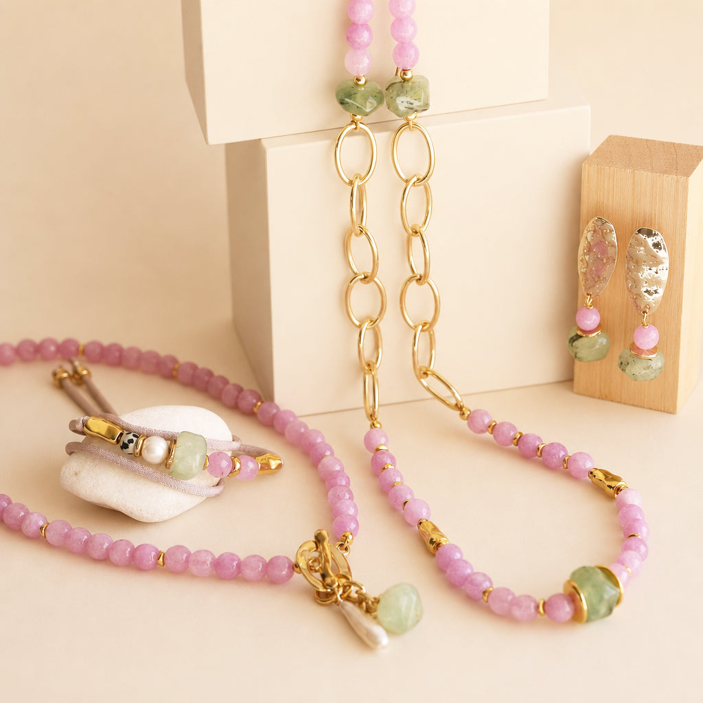 Ensemble BAVARO mauve d'Émolo : collier et pièces en pierres naturelles plaquées or