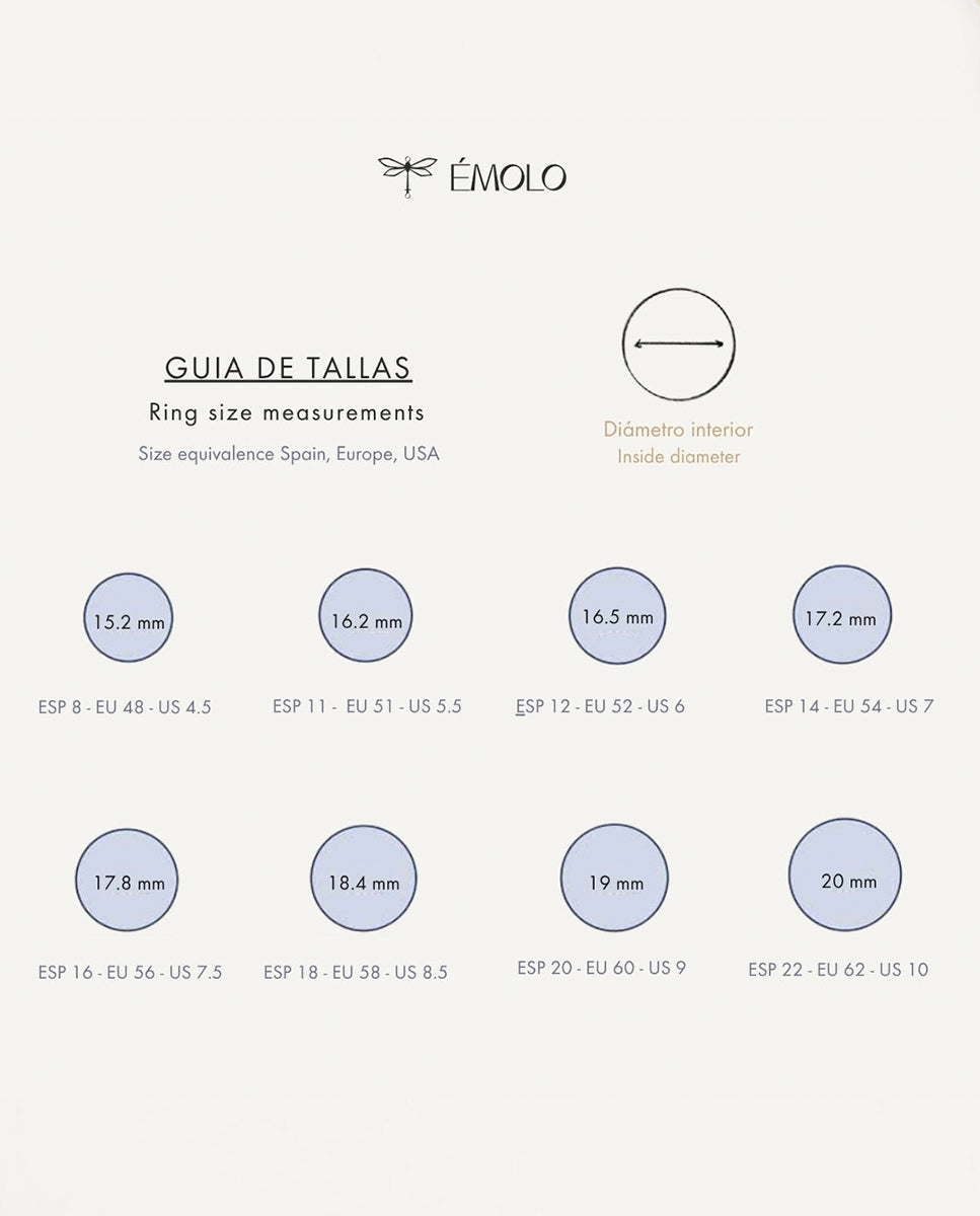 Tabla de tallas de anillos Emolo: diámetros interiores de 15,2 a 20 mm y equivalencias de tallas de España, Europa y Estados Unidos
