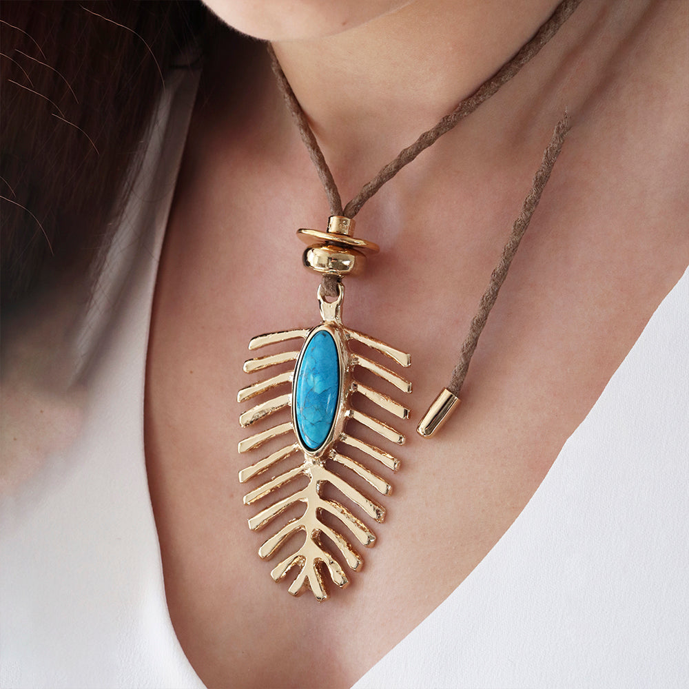 Collar largo para mujer ajustable con piedra natural turquesa y pieza dorada