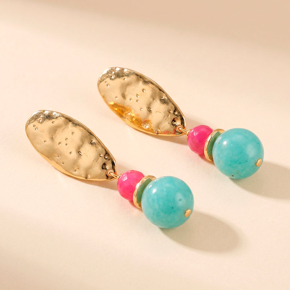 BAVARO earrings in fuchsia and turquoise tones, natural stones and gold plating, handmade Émolo jewellery
