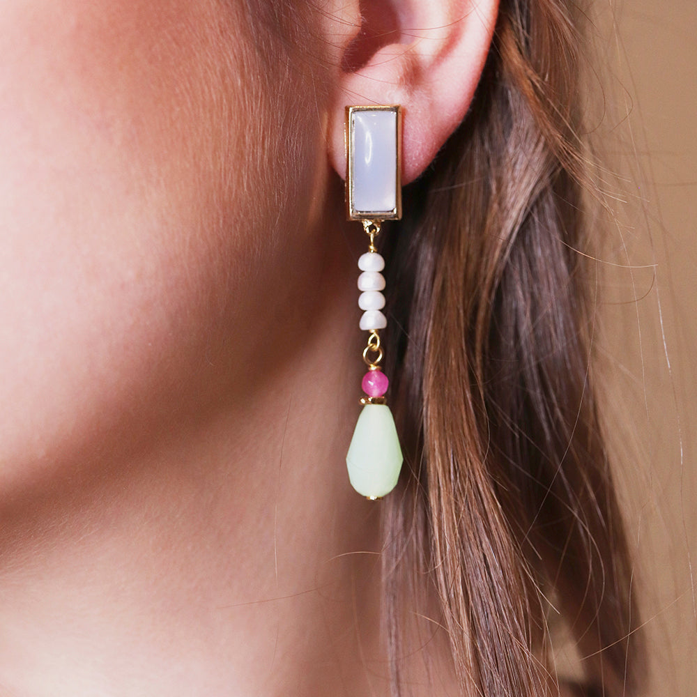 Pendientes largos con cierre a presión para mujer con piedras naturales