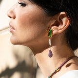 Pendientes largos verdes con piedra natural y perlas para mujer