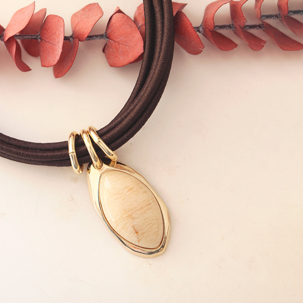 Short necklace for women with brown waxed cord and gold chain with natural stone