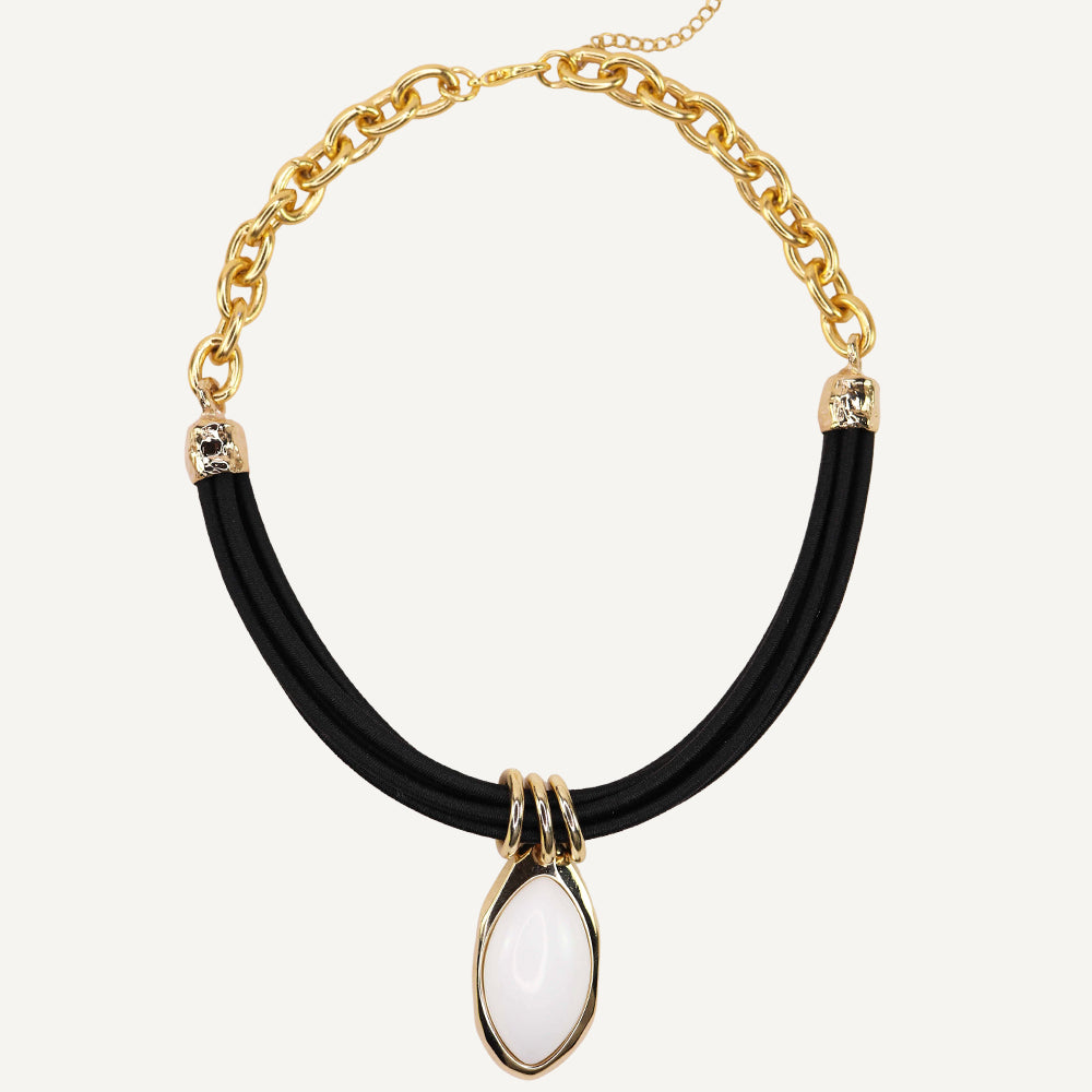 Short necklace for women with black waxed cord and gold chain with natural stone