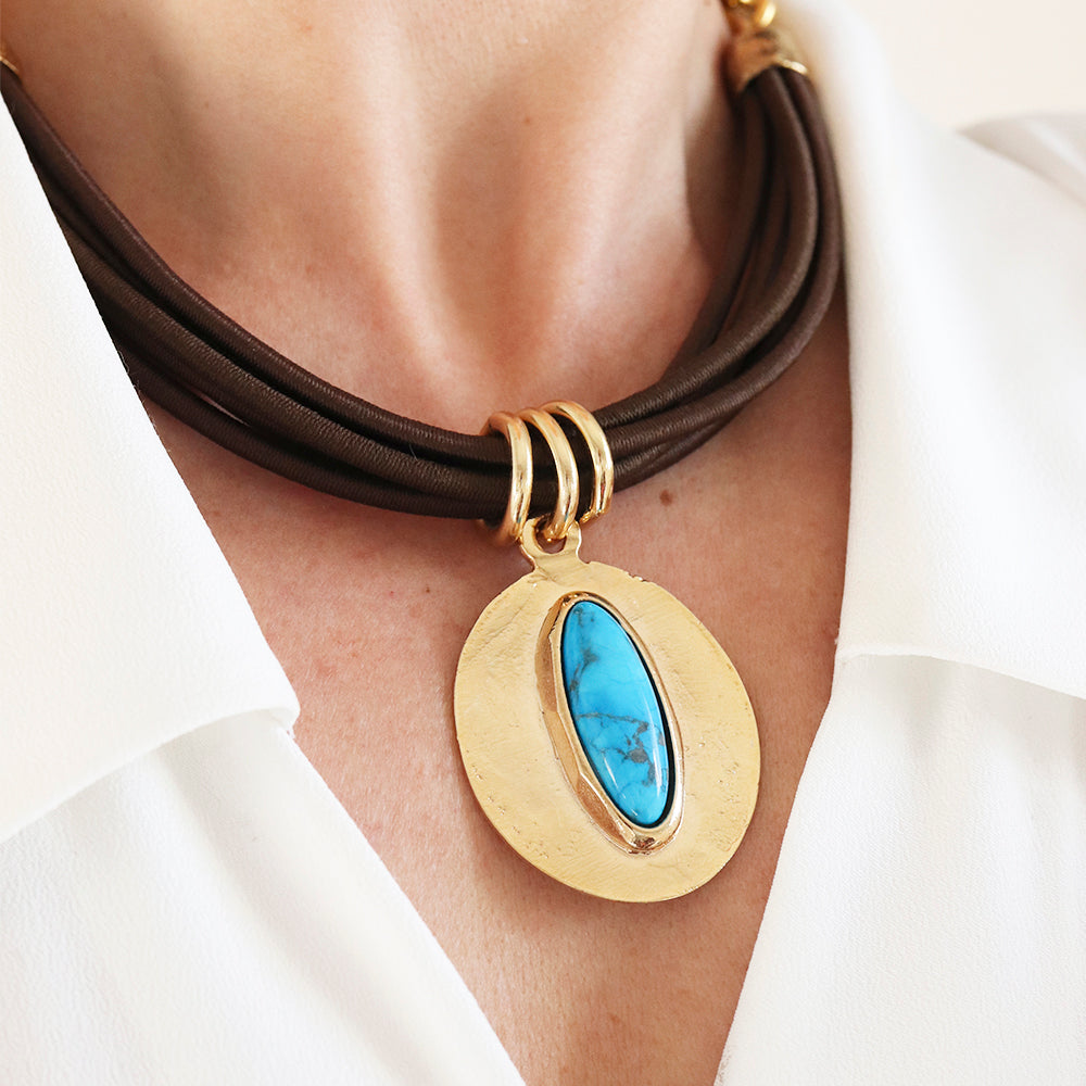 Short necklace for women with cord and chain with turquoise piece