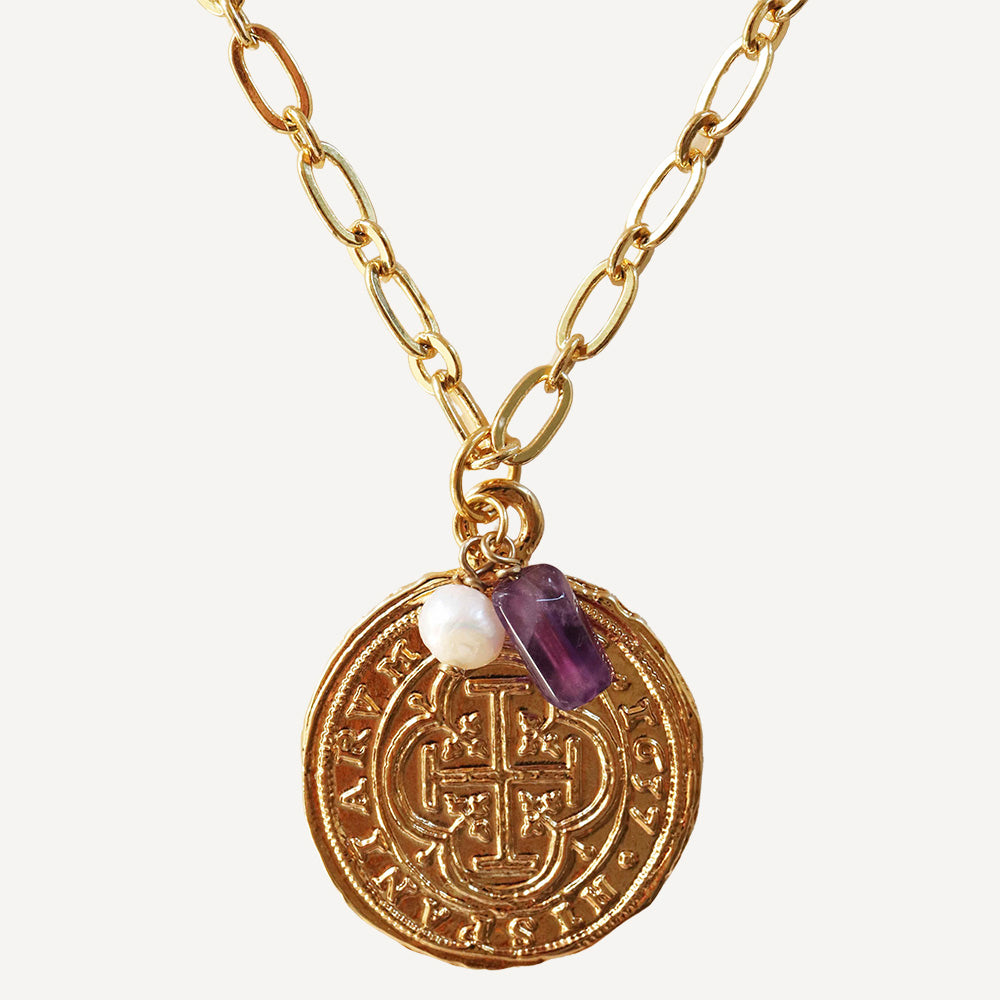 Long necklace with gold coin and natural stones