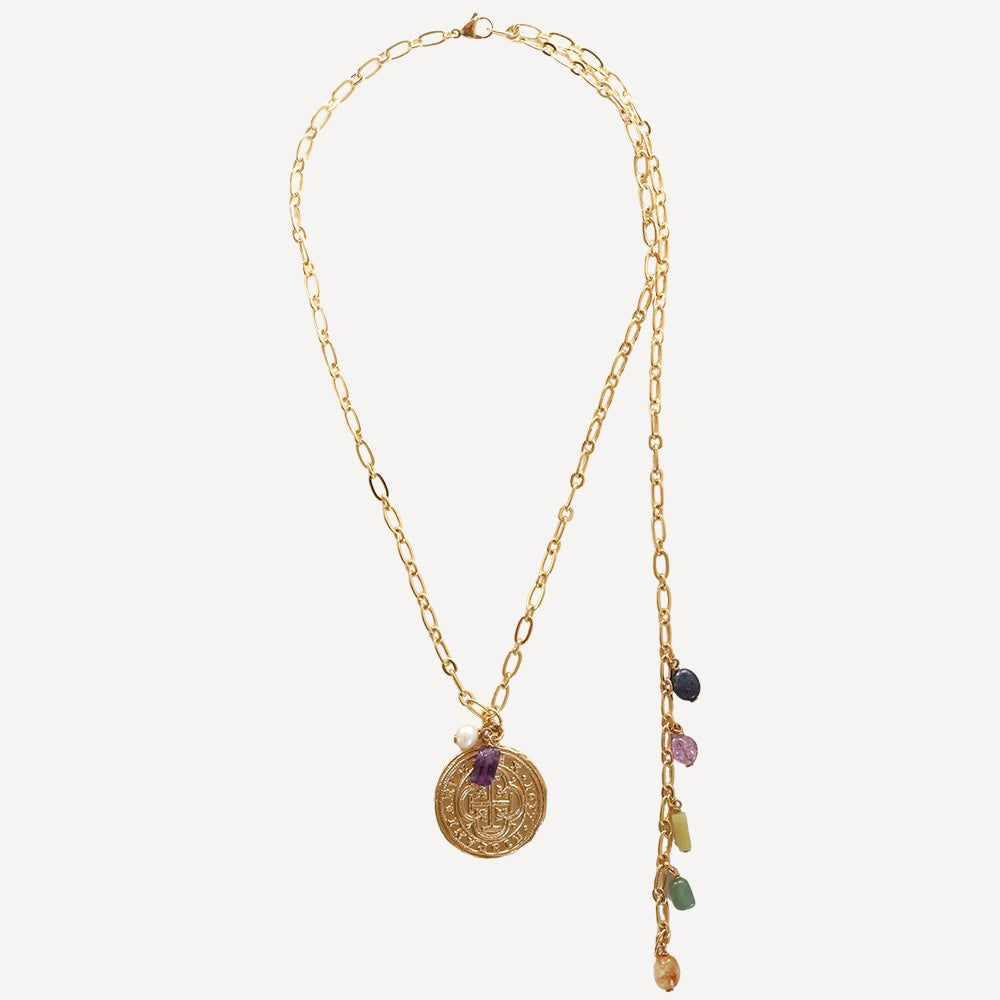 Long necklace for women with gold coin and natural stones