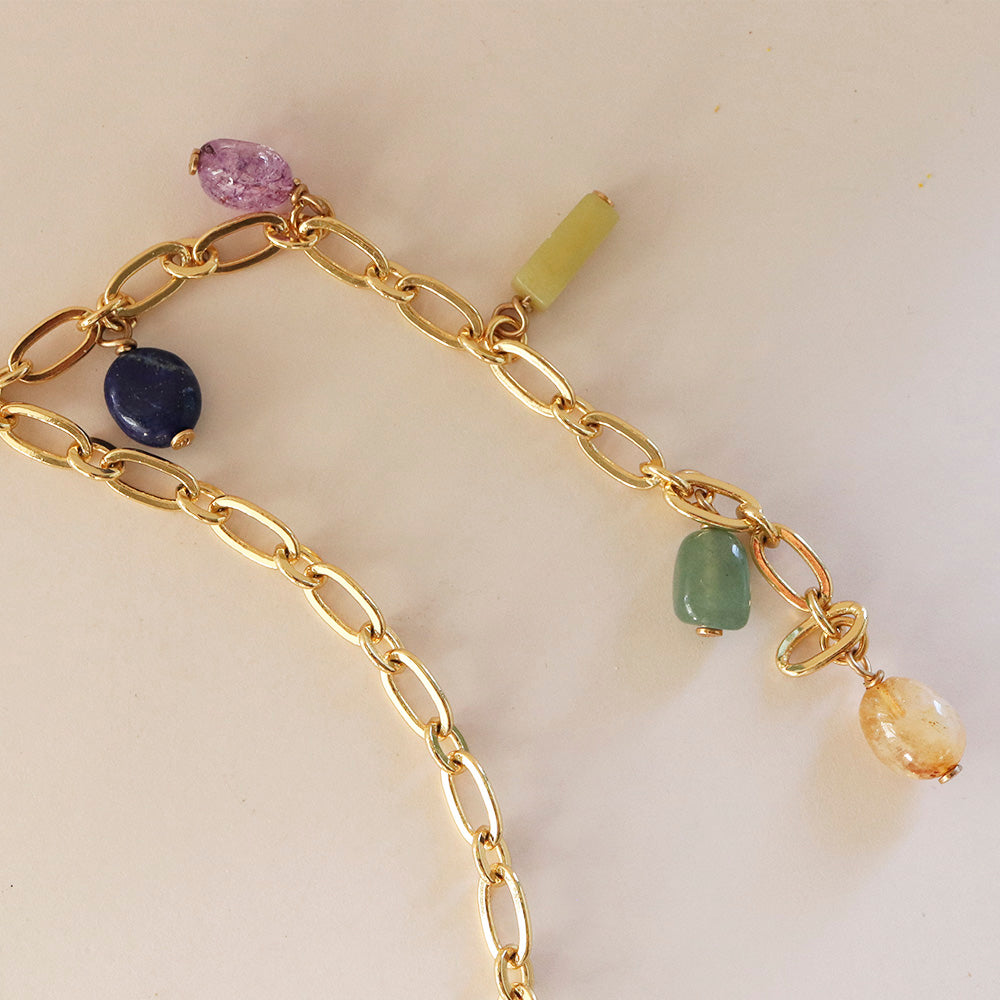 Gold link necklace with natural stones