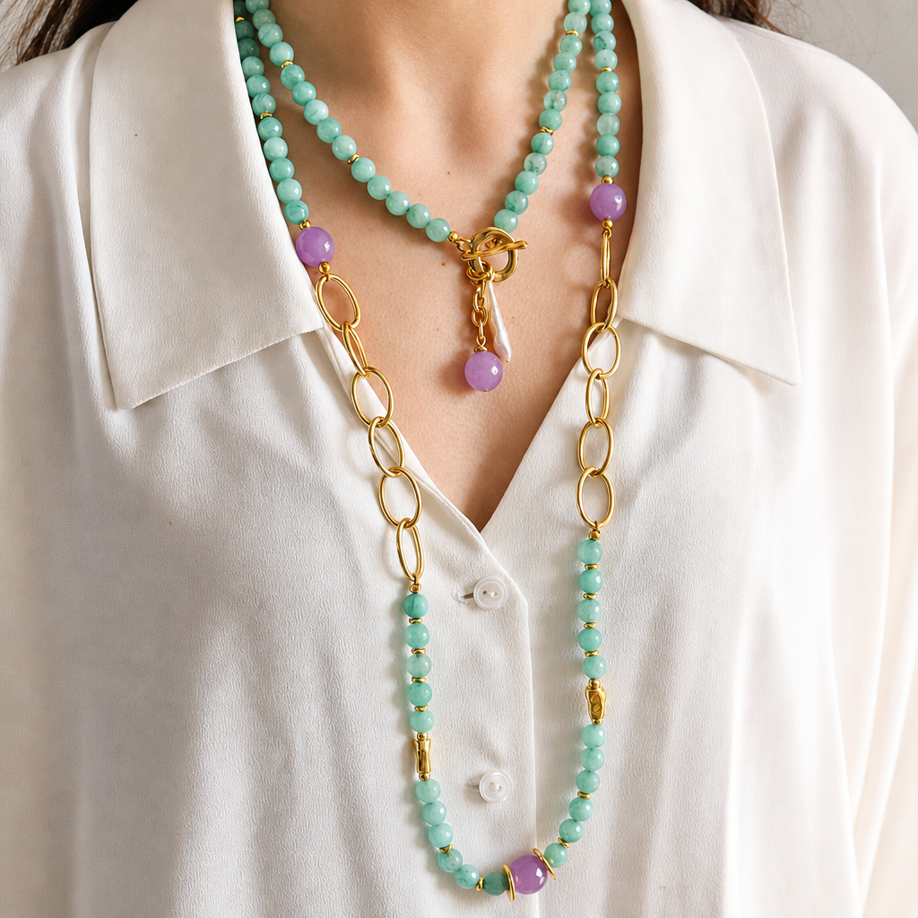 Collier long BAVARO vert d'eau, bijou artisanal Émolo en pierres naturelles