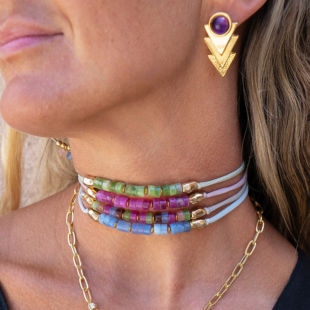 Gold earrings for women with Amethyst stone and push-back closure