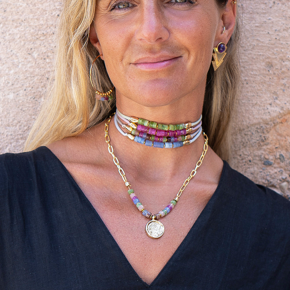 Pendientes dorados con amatista ROUN-pendientes con piedras-Émolo