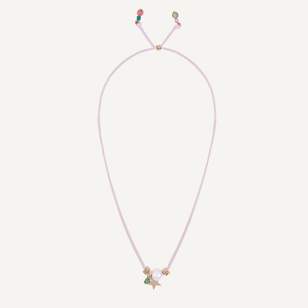 collar largo cordón rosa con perla