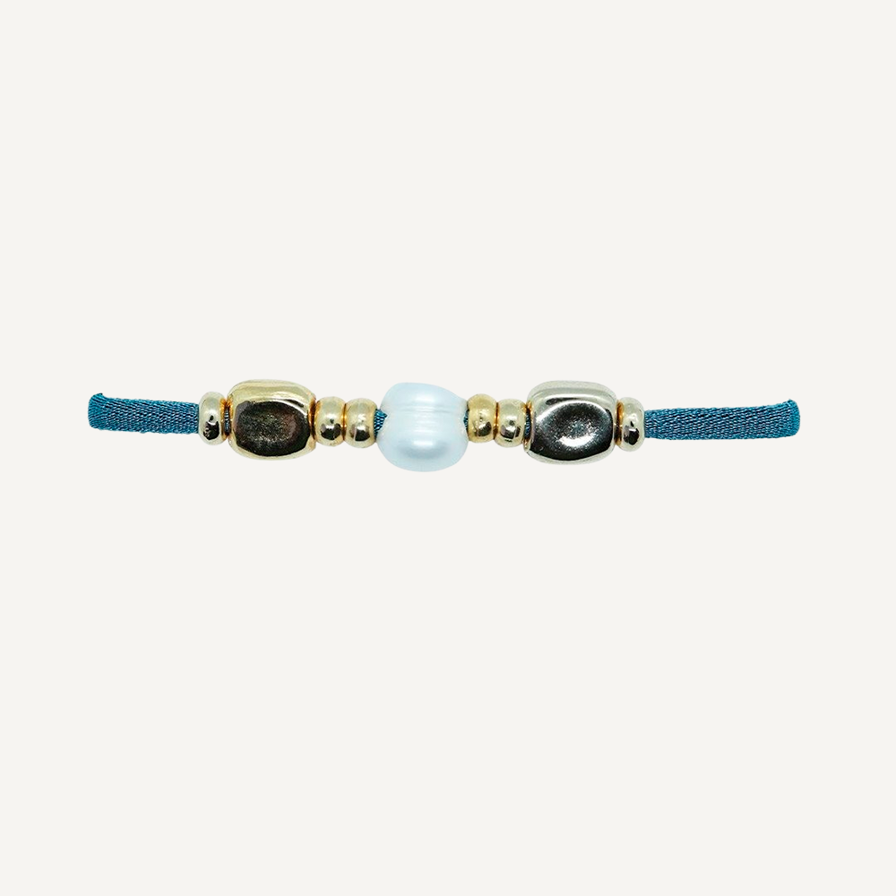 Pulsera para mujer color azul con perla blanca