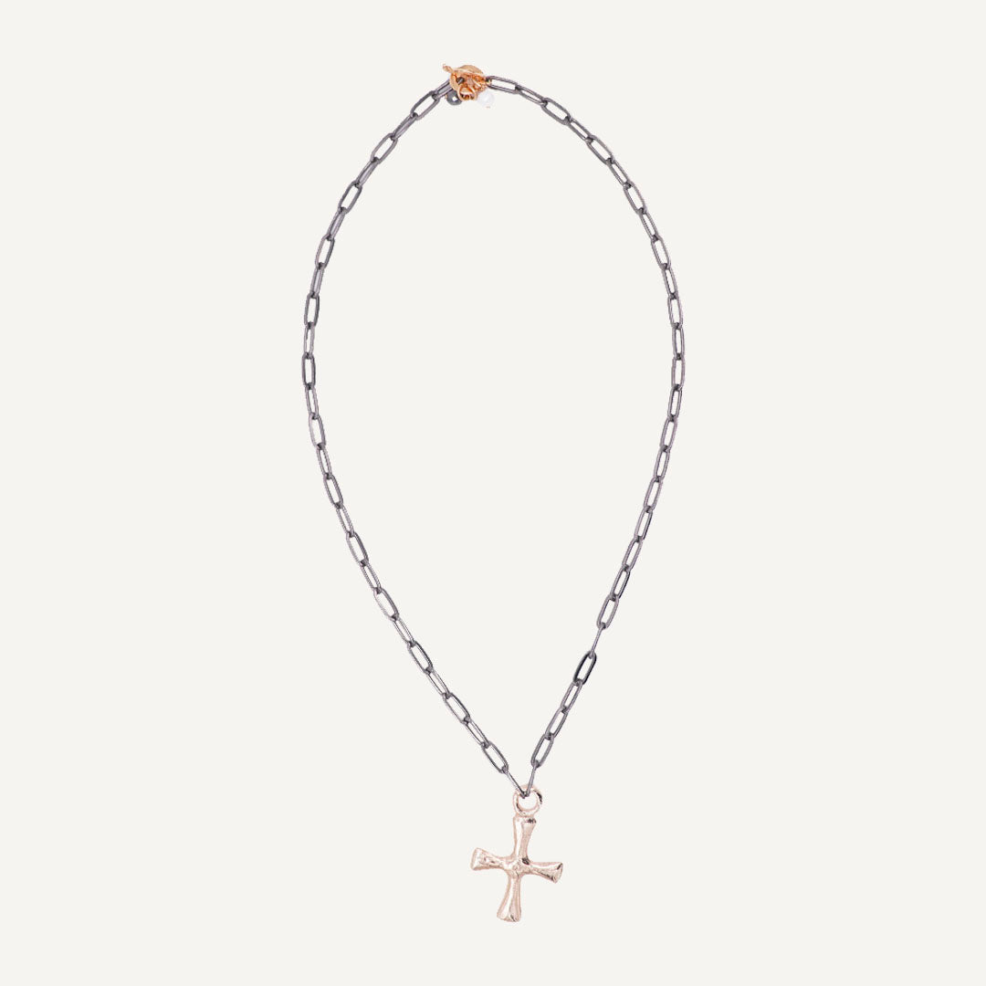 Women's long adjustable necklace, graphite chain with gold cross