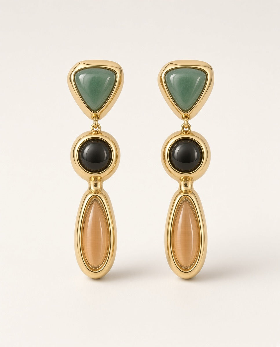 Emolo Soiret long earrings with a green triangle, round black piece and salmon teardrop in gold settings