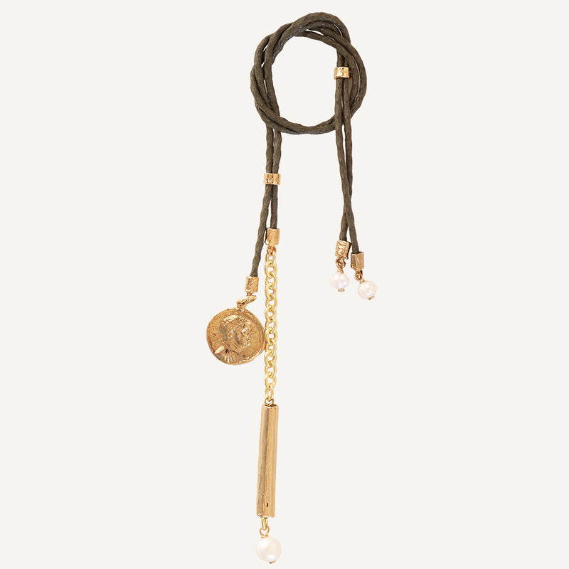 Collar largo moneda dorada para mujer 