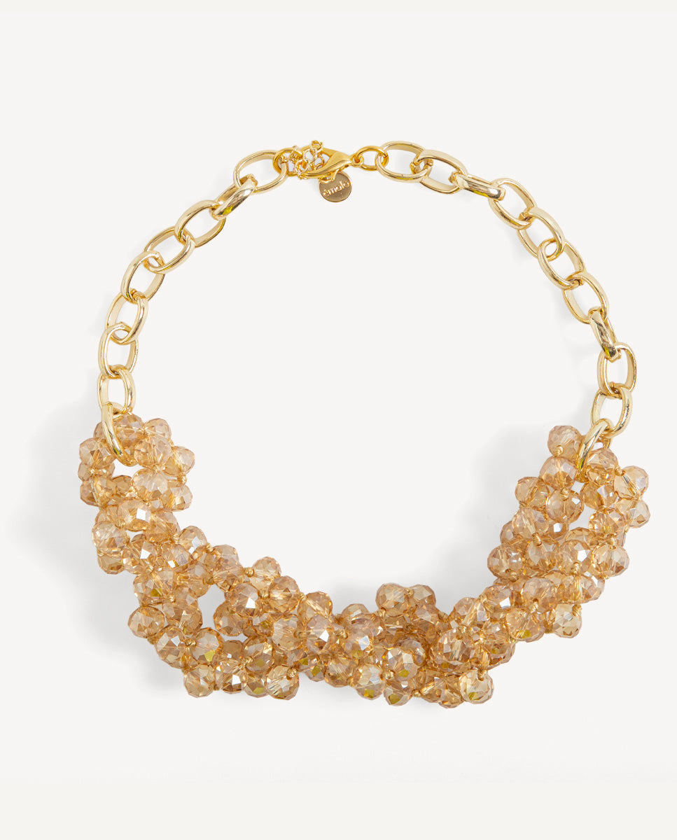 Collar Odri Sienna dorado de Emolo con varias hileras de cuentas facetadas color champán y cadena dorada