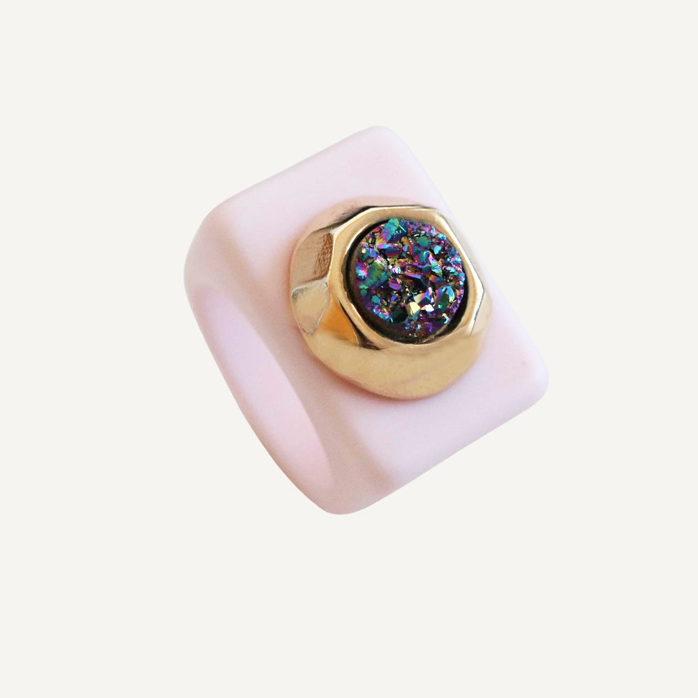 Women's pink ring with multi-colored druzy natural stone