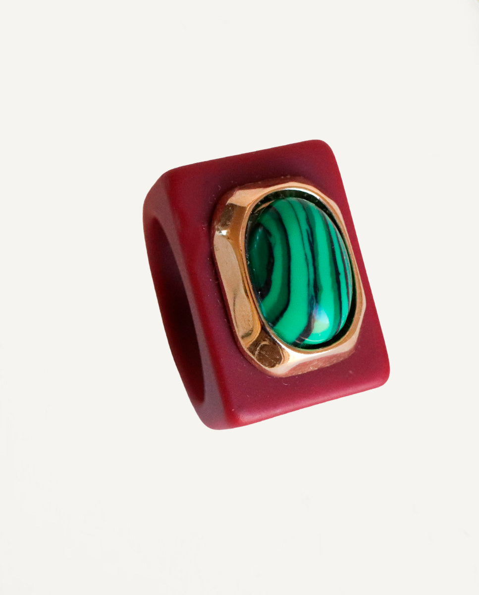 Women's burgundy ring with malachite