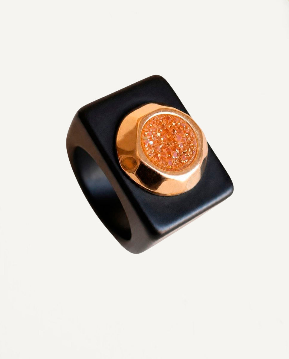 Women's black ring with golden druzy