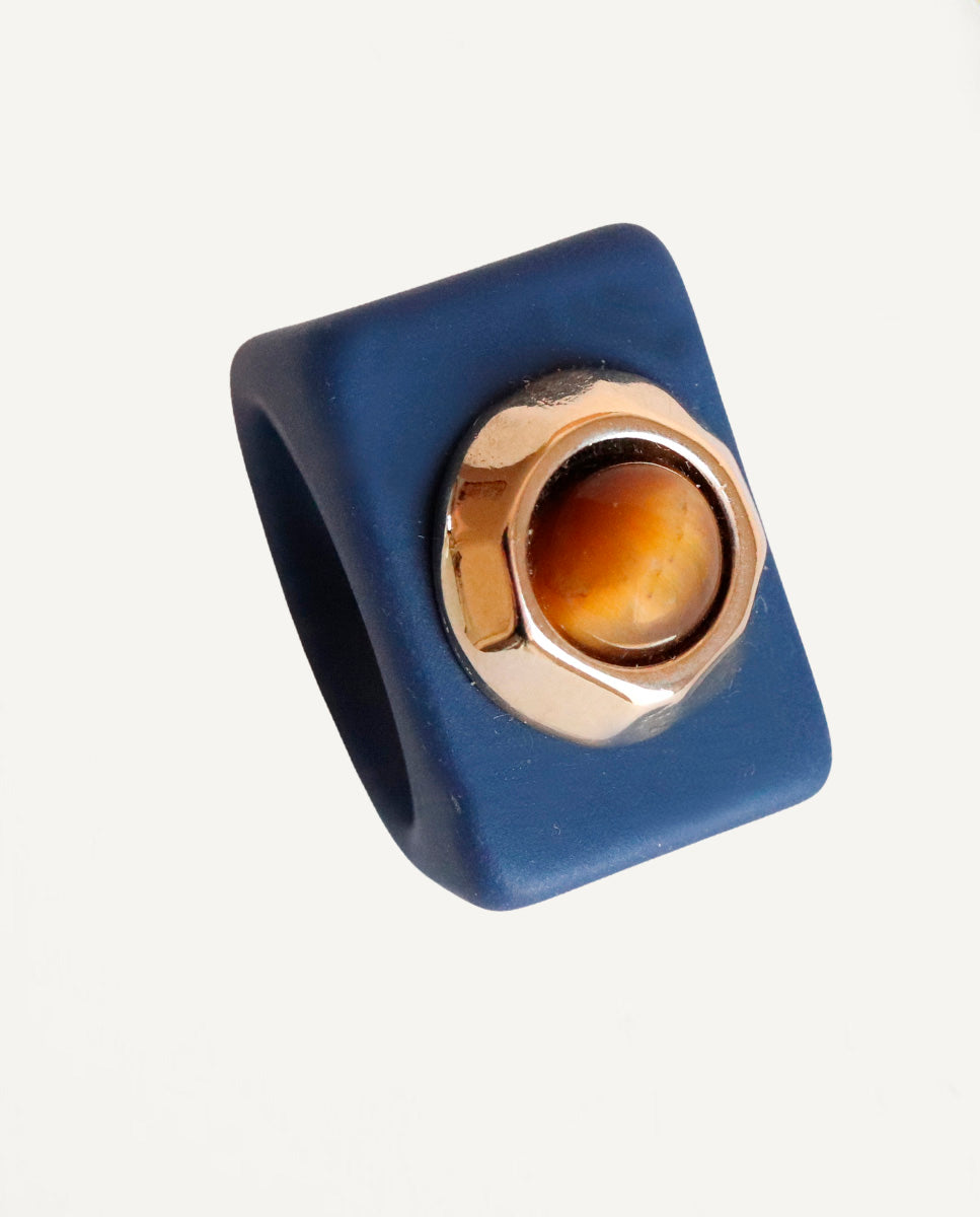 Women's navy blue ring with tiger's eye