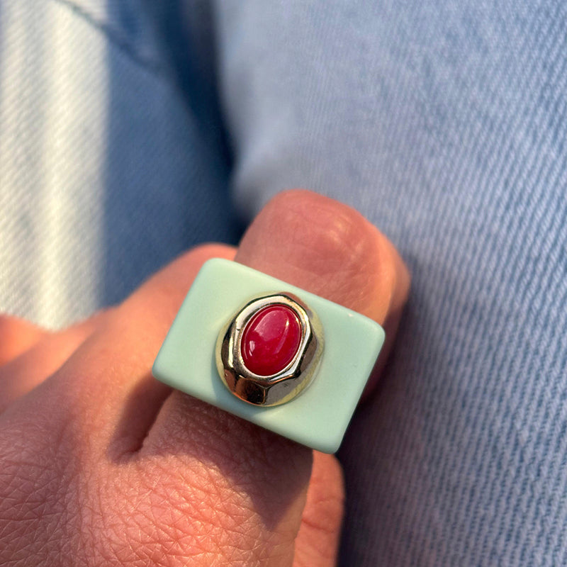 Anillo grande para mujer mint amazonita roja