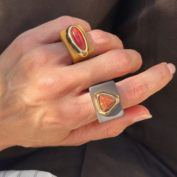 Anillos grandes mujer marrón con piedra natural [ Glitter]