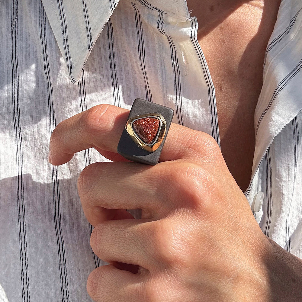 Anillos grandes mujer marrón con piedra natural [ Glitter]