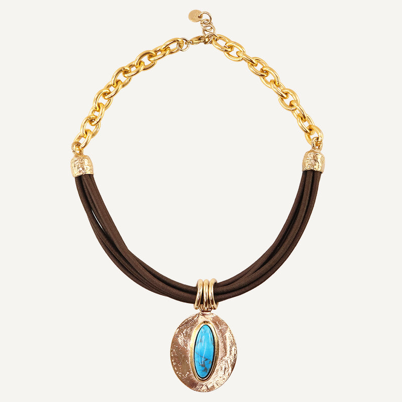 Collar corto con cadena dorada y cordón premium para mujer azul turquesa