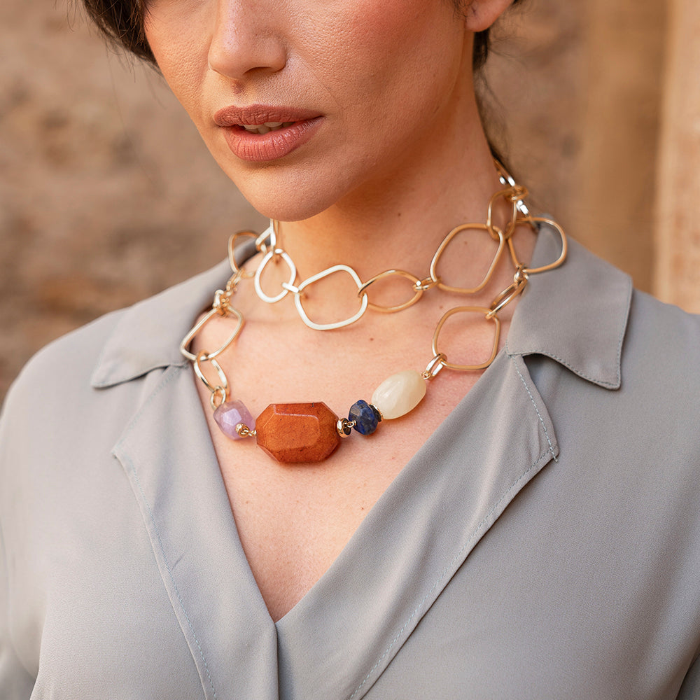 Collar multiposición para mujer cadena dorada de eslabones y piedras naturales 